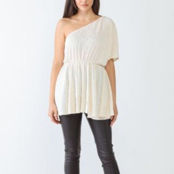 #33 Cream Textured One Shoulder Dolman Sleeve Flare Hem Top - Picture 4 of 5